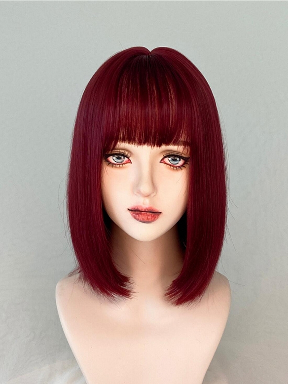 Evahair 2021 New Style Red Wine Color Shoulder Length Straight Synthetic Wig with Bangs