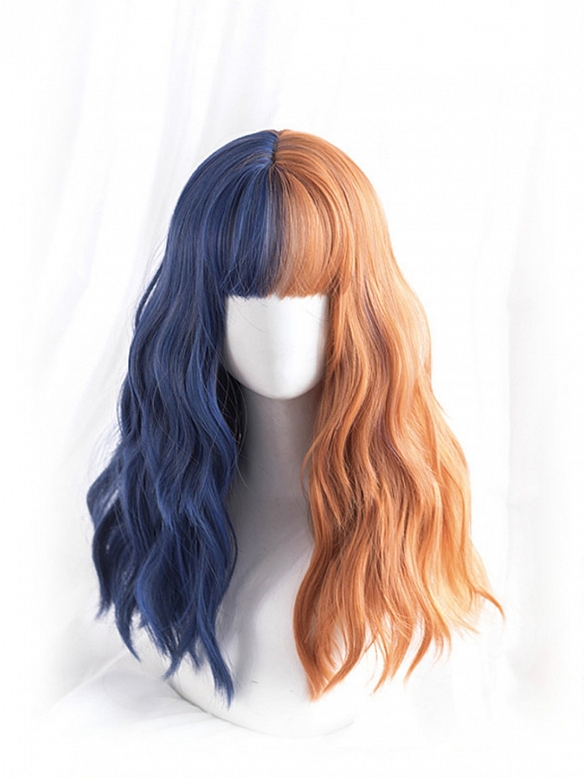 Evahair Half Blue and Half Orange Long Wavy Synthetic Wig with Bangs
