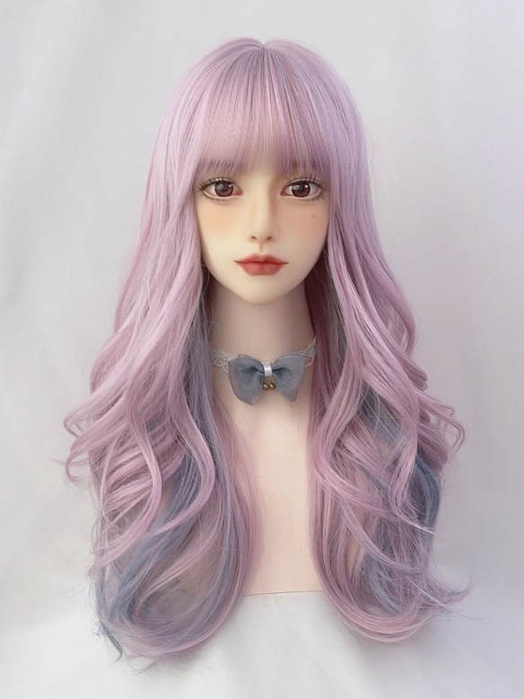Evahair 2021 New Style Pink and Grayish Blue Long Wavy Synthetic Wig with Bangs