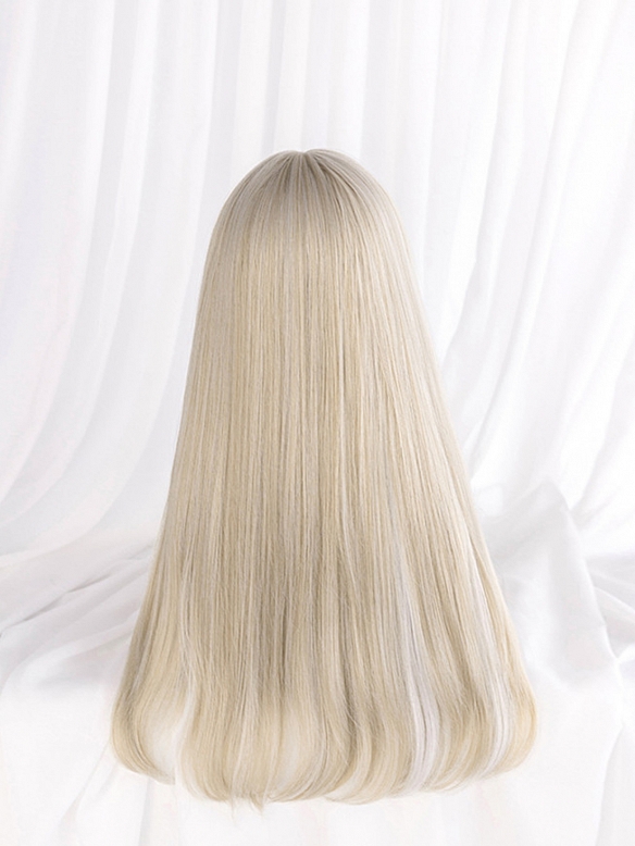 Evahair Beige and White Mixed Color Long Straight Synthetic Wig with Bangs