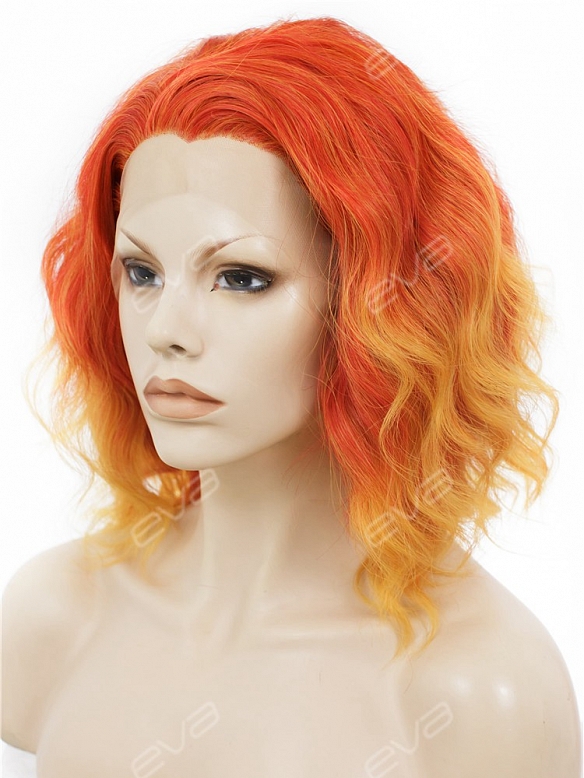 Sunset Orange & Yellow Flame Wavy Bob Synthetic Lace Front Wig 