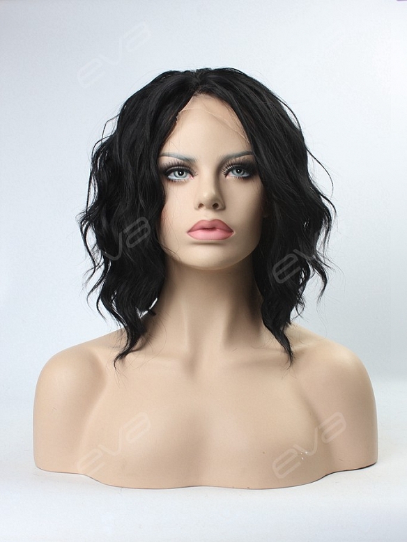 EvaHair Angled Cut Jet Black Wavy Bob Synthetic Lace Front Wig