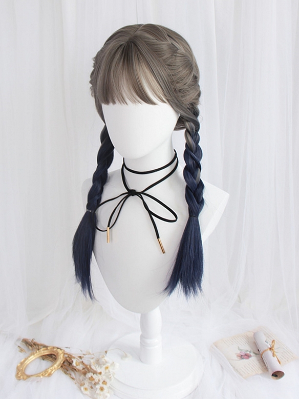 Evahair Grey to Blue Ombre Long Straight Synthetic Wig with Bangs