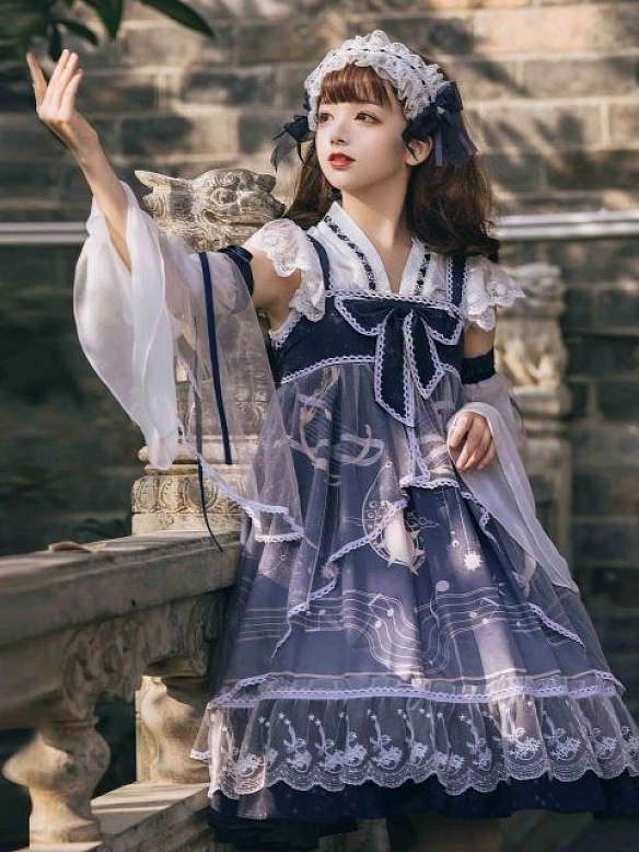 Evahair moon and musical note printed blue lolita dress