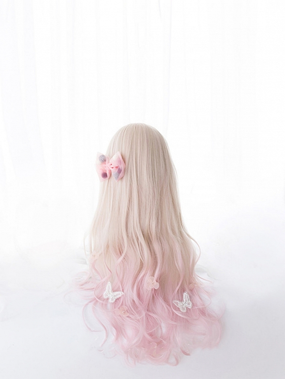 Evahair 2021 New Style Blonde to Pink Ombre Long Wavy Synthetic Wig with Bangs
