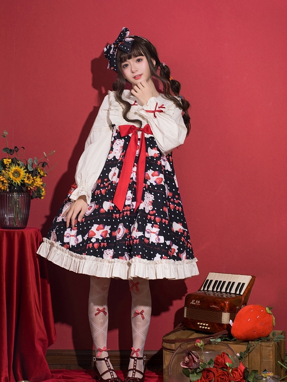 Evahair Fashion Strawberry Printed Black Lolita Dress JSK
