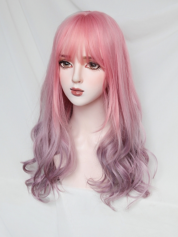 Evahair 2021 New Styke Pink Ombre Long Wavy Synthetic Wig with Bangs