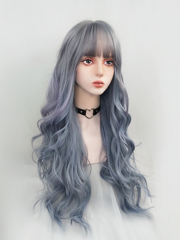 Evahair 2021 New Style Grayish Blue and Purple Mixed Color Long Wavy Synthetic Wig with Bangs