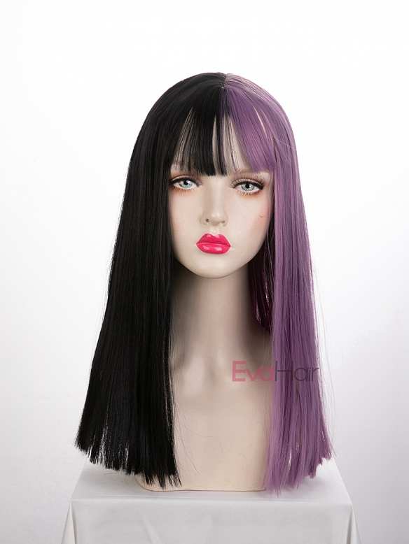 Evahair Half Black And Half Purple Wefted Cap Long Straight Synthetic Wig With Bangs Home 