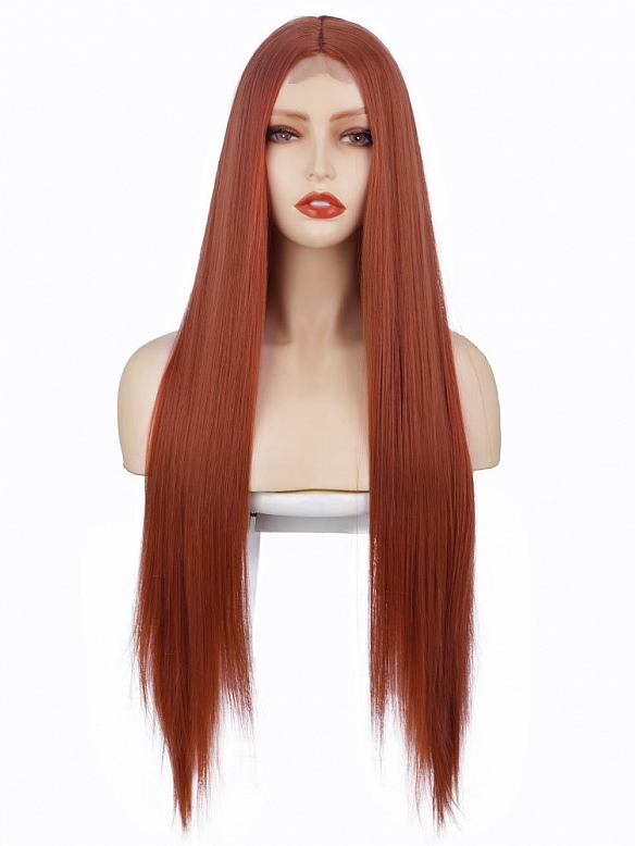 Wine red Long straight hair fiber headgear front lace wig