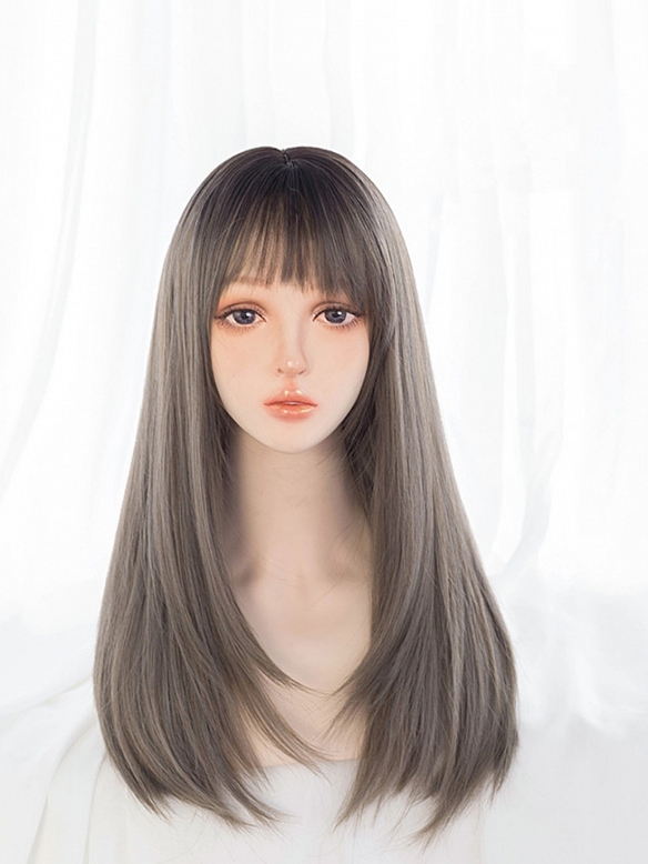 Evahair Dark Linen Grey Long Straight Synthetic Wig with Bangs