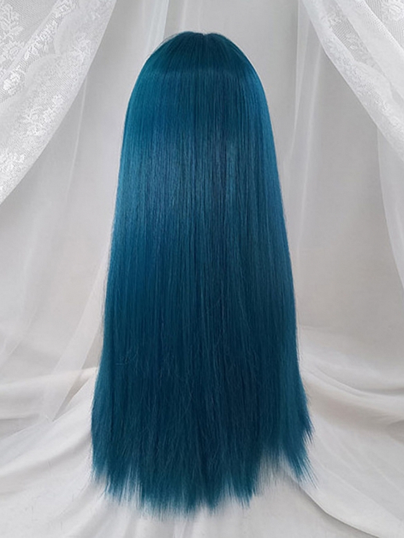 Evahair Bluish Green Long Straight Synthetic Wig with Bangs