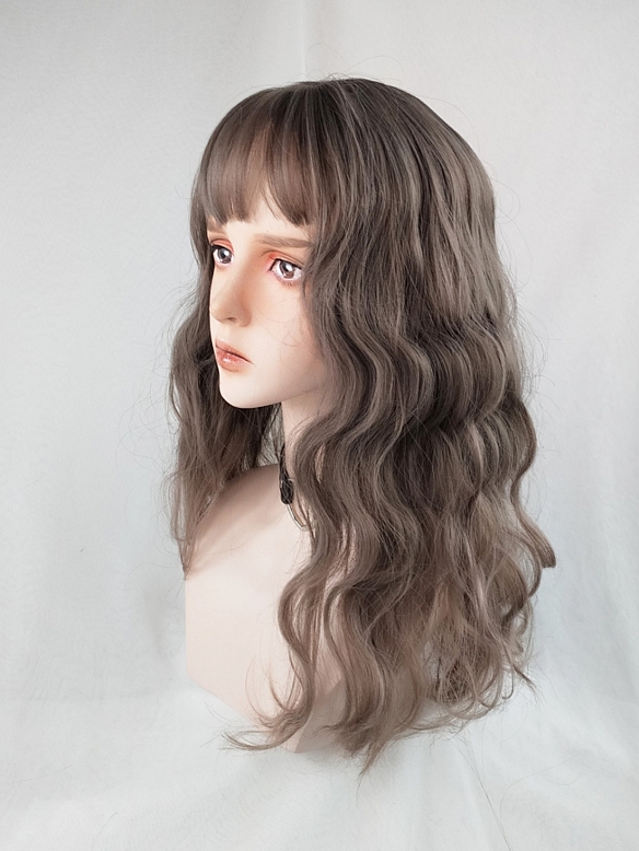 Evahair 2021 New Style Grayish Pink Long Wavy Synthetic Wig with Bangs