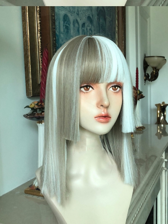 Evahair 2021 New Style Brown and White Medium Straight Synthetic Wig with Bangs and Hime Cut