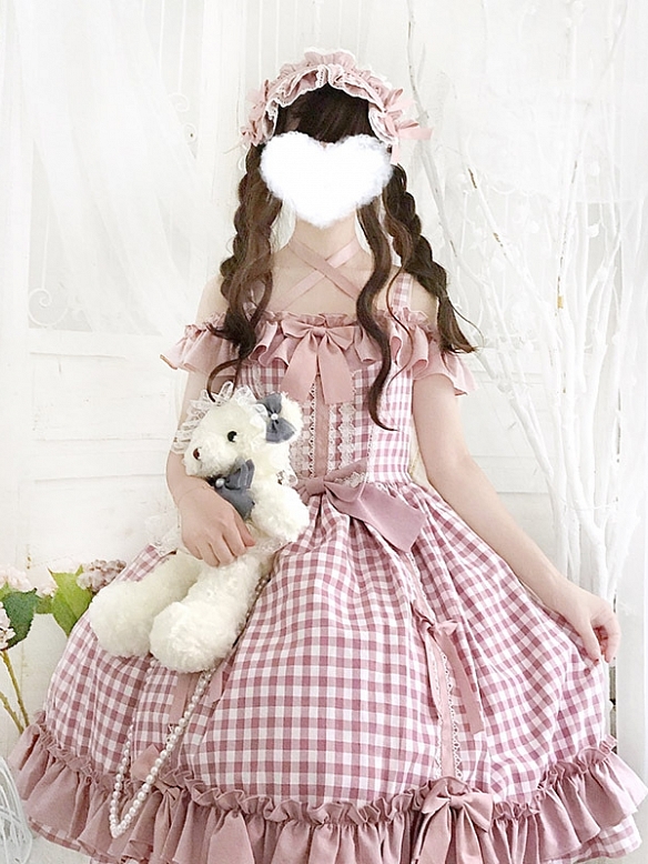 Evahair lattice printed cute lolita dress with bowknot