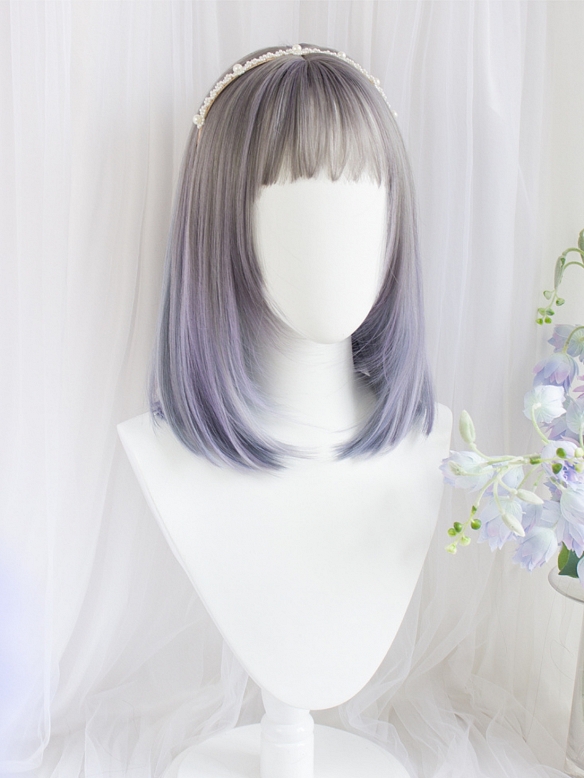 Evahair 2021 New Style Blue and Grayish Purple Medium Straight Synthetic Wig with Bangs