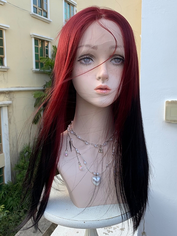 Evahair 2022 New Style Red to Black Ombre Long Straight Synthetic Lace Front Wig
