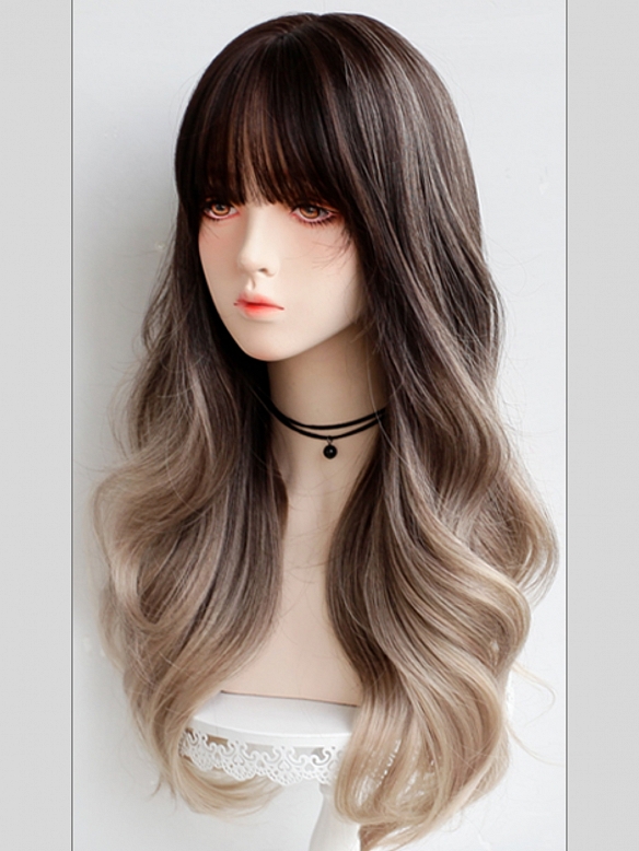 Evahair Daily Dark Brown to Flax Gold Color Long Wavy Synthetic Wig with Bangs