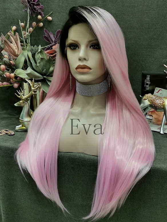 Evahair Pink Long Straight Synthetic Lace Front Wig With Black Root
