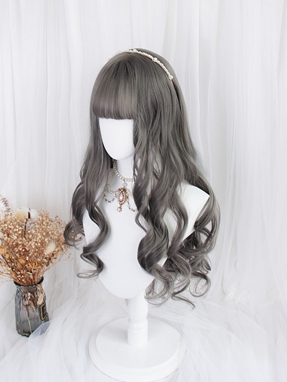 Evahair Grey Long Wavy Synthetic Wig with Bangs