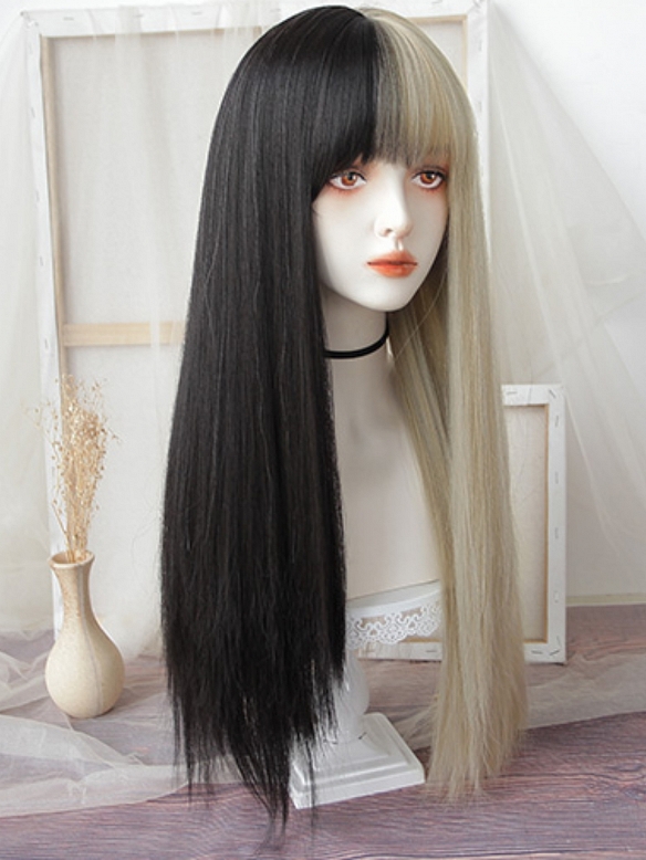 Evahair 2021 New Style Half Black and Half Aoki Grey long Straight Synthetic Wig with Bangs
