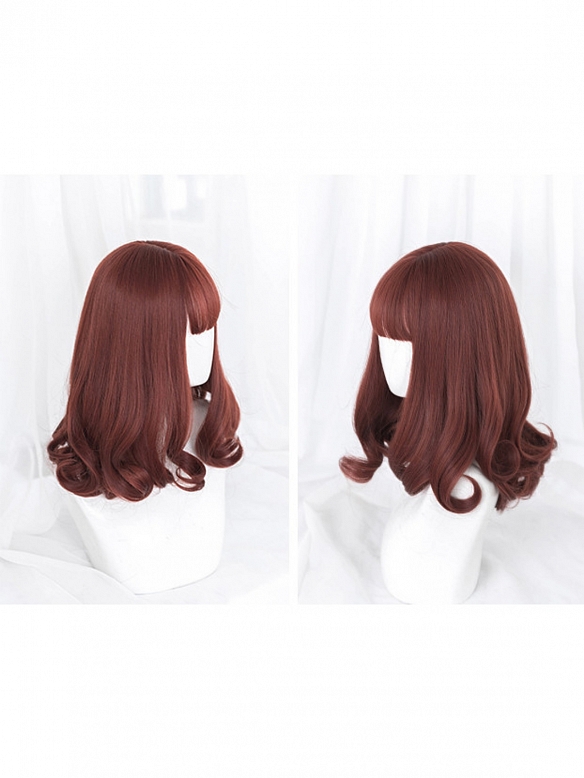 Evahair Red Medium Length Wavy Synthetic Wig with Bangs