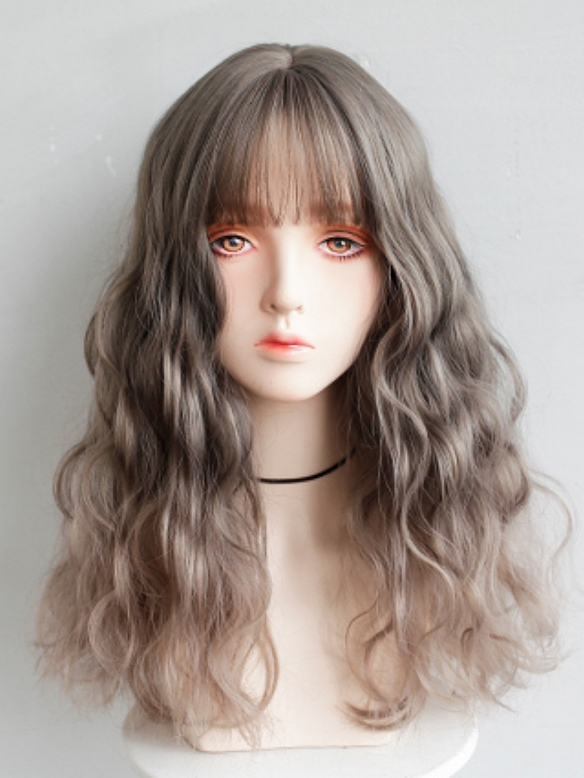 Evahair 2021 New Style Grey to Pink Ombre Medium Wavy Synthetic Wig with Bangs