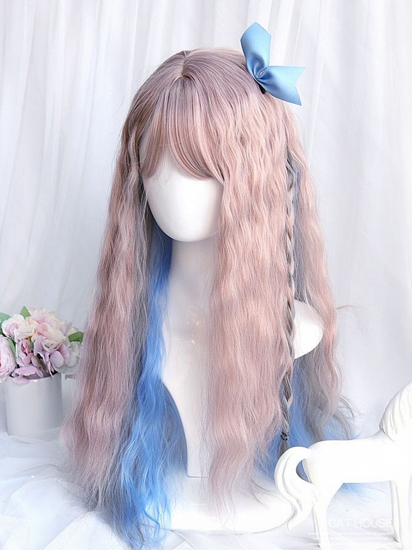 Evahair 2021 New Style Grayish Pink and Blue Mixed Color Long Wavy Synthetic Wig with Bangs
