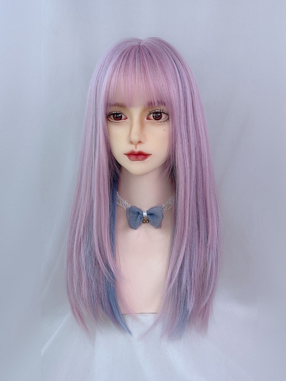 Evahair 2021 New Style Purple and Blue Mixed Color Long Straight Synthetic Wig with Bangs
