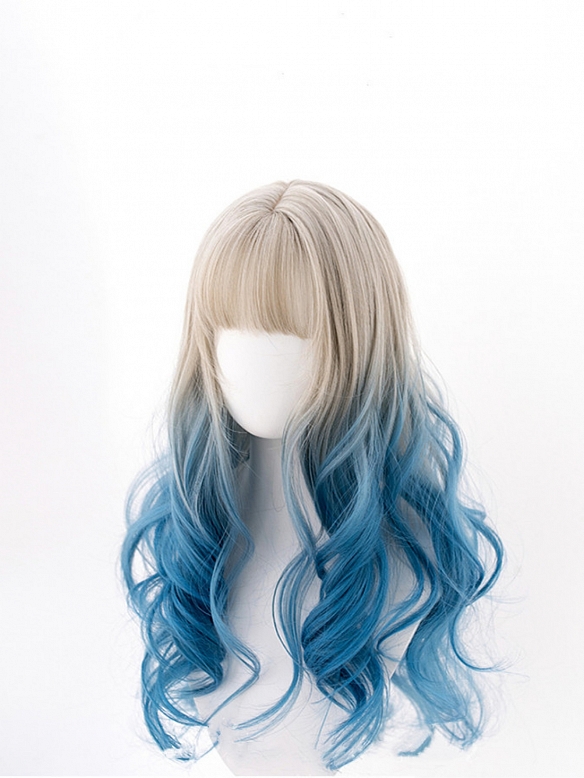 Evahair Grey to Blue Ombre Long Wavy Synthetic Wig with Bangs