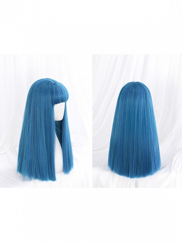 Evahair Lake Blue Long Straight Synthetic Wig with Bangs