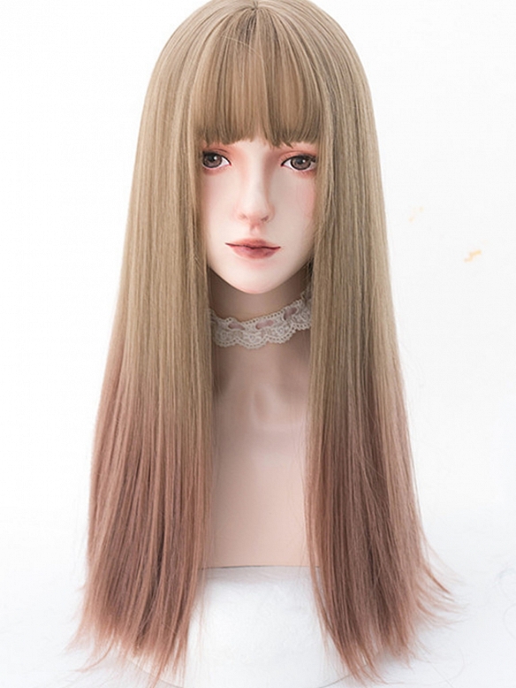 Evahair 2021 New Style Blonde to Pink Ombre Color Long Straight Synthetic Wig with Bangs