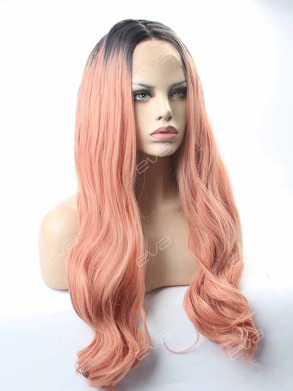 EvaHair Peach Long Wavy Synthetic Lace Front Wig