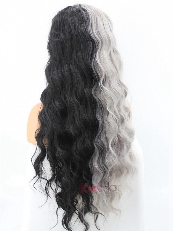 Half Black and Half Grey Water Wavy Quite Long Synthetic Lace Front Wig