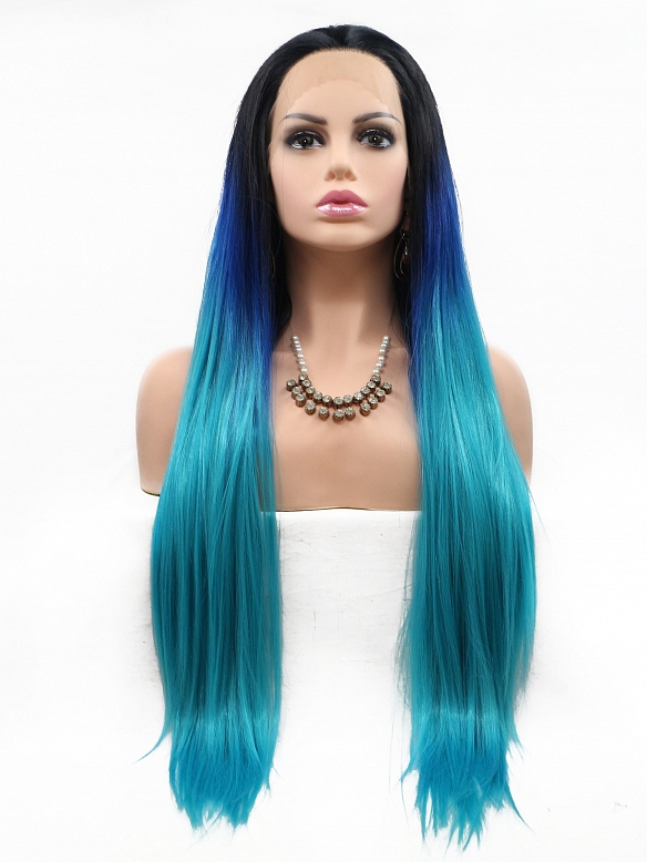 European and American style front lace long hair black and blue gradient wig