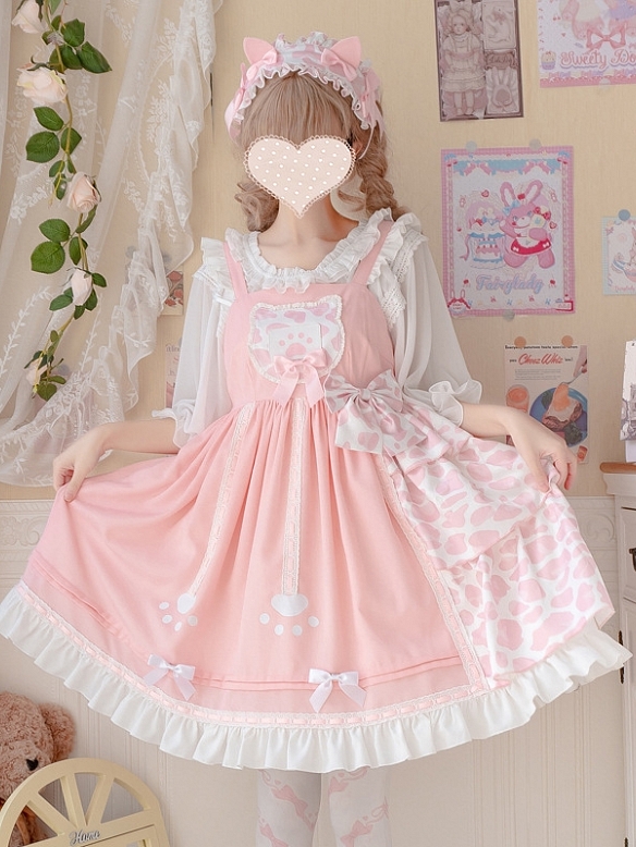 Evahair pink cat paw printed adorable lolita dress