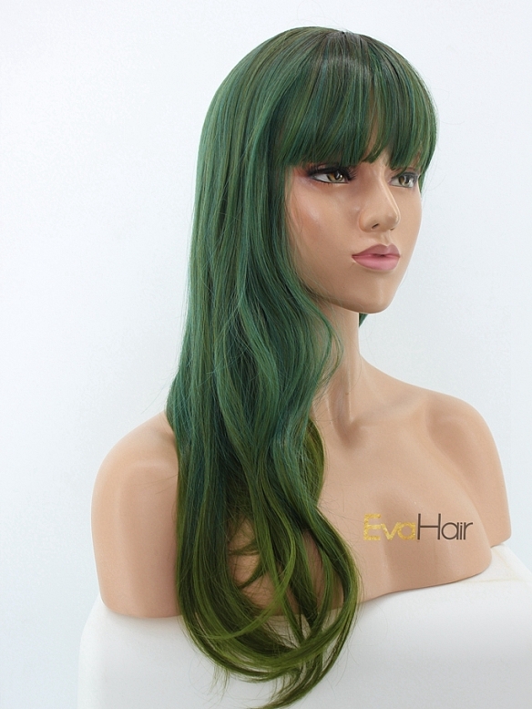 Shoulder Length Shading Green Synthetic Wig