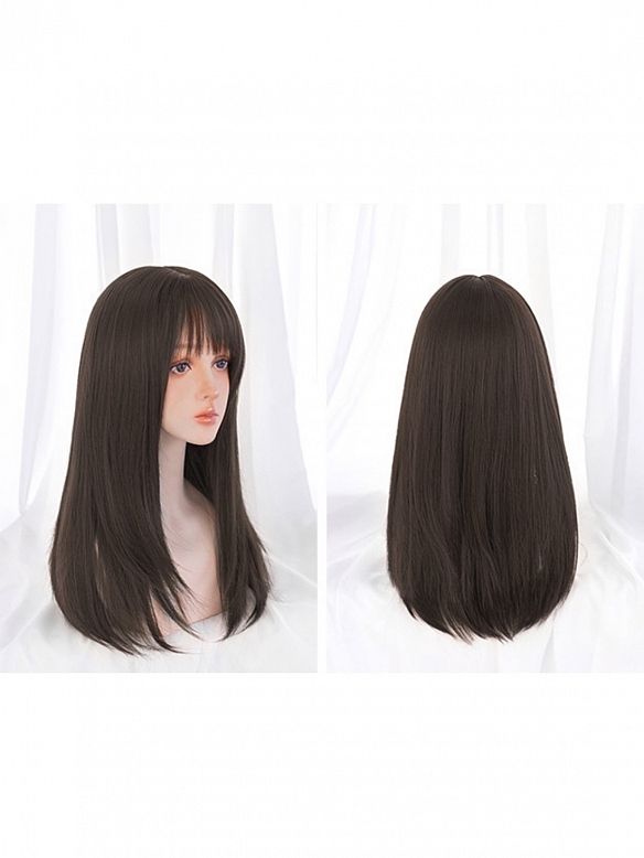 Evahair Dark Brown Long Straight Synthetic Wig with Bangs