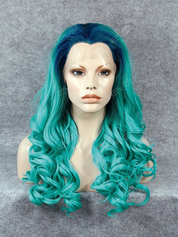 Bright Mint with Blue Root Color Synthetic Lace Front Wig 