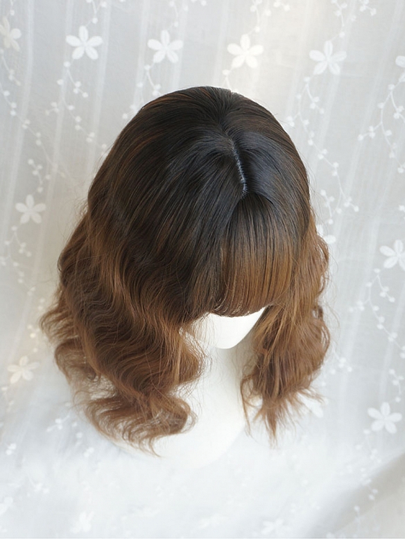 Evahair Brown Medium Wavy Synthetic Wig with Bangs and Black Roots