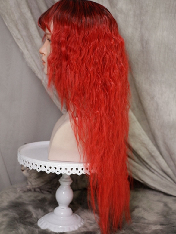 Evahair 2022 Vintage Style Red Long Wavy Synthetic Wig with Bangs and Dark Roots