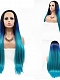 European and American style front lace long hair black and blue gradient wig