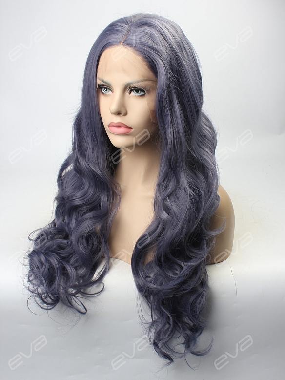 2017 New Dark Gray Purple Sexy Wavy Synthetic Lace Front Wig 