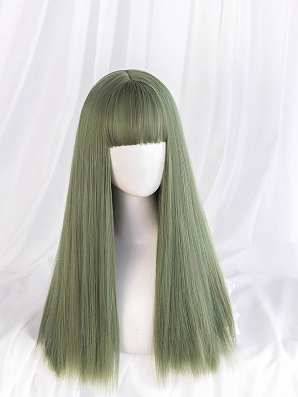 Evahair Matcha Green Long Straight Synthetic Wig with Bangs