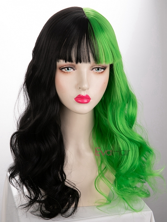 Evahair Half Black and Half Green Wefted Cap Wavy Synthetic Wig with Bangs 