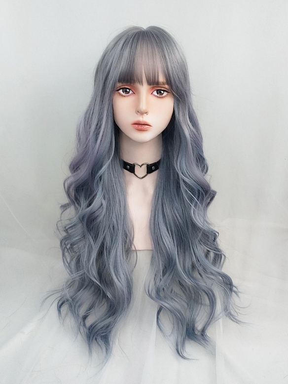 Evahair 2021 New Style Grayish Blue and Purple Mixed Color Long Wavy Synthetic Wig with Bangs
