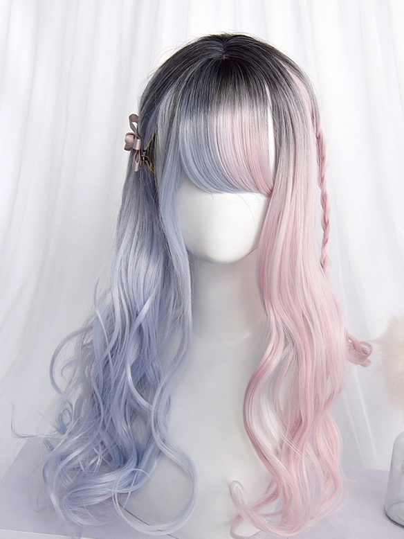 Evahair 2021 New Style Half Blue and Half Pink Medium Wavy Synthetic Wig with Bangs