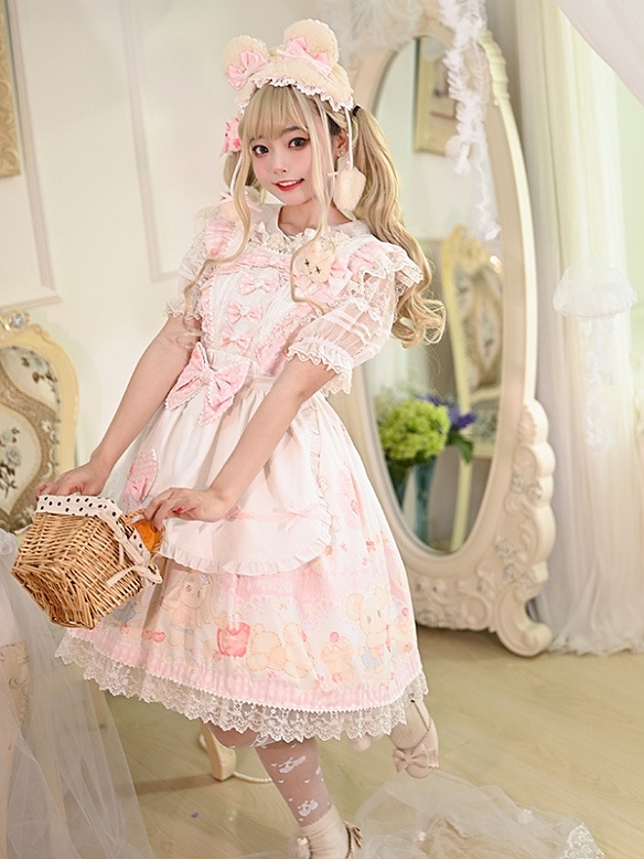 Evahair cute bear printed pink lolita dress