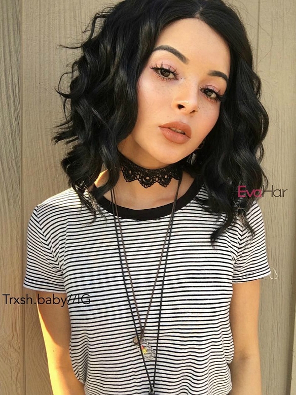 EvaHair Angled Cut Jet Black Wavy Bob Synthetic Lace Front Wig